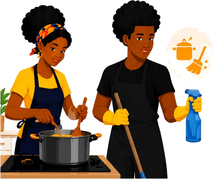 Prestataires DomZo assurant le ménage et la cuisine à domicile.