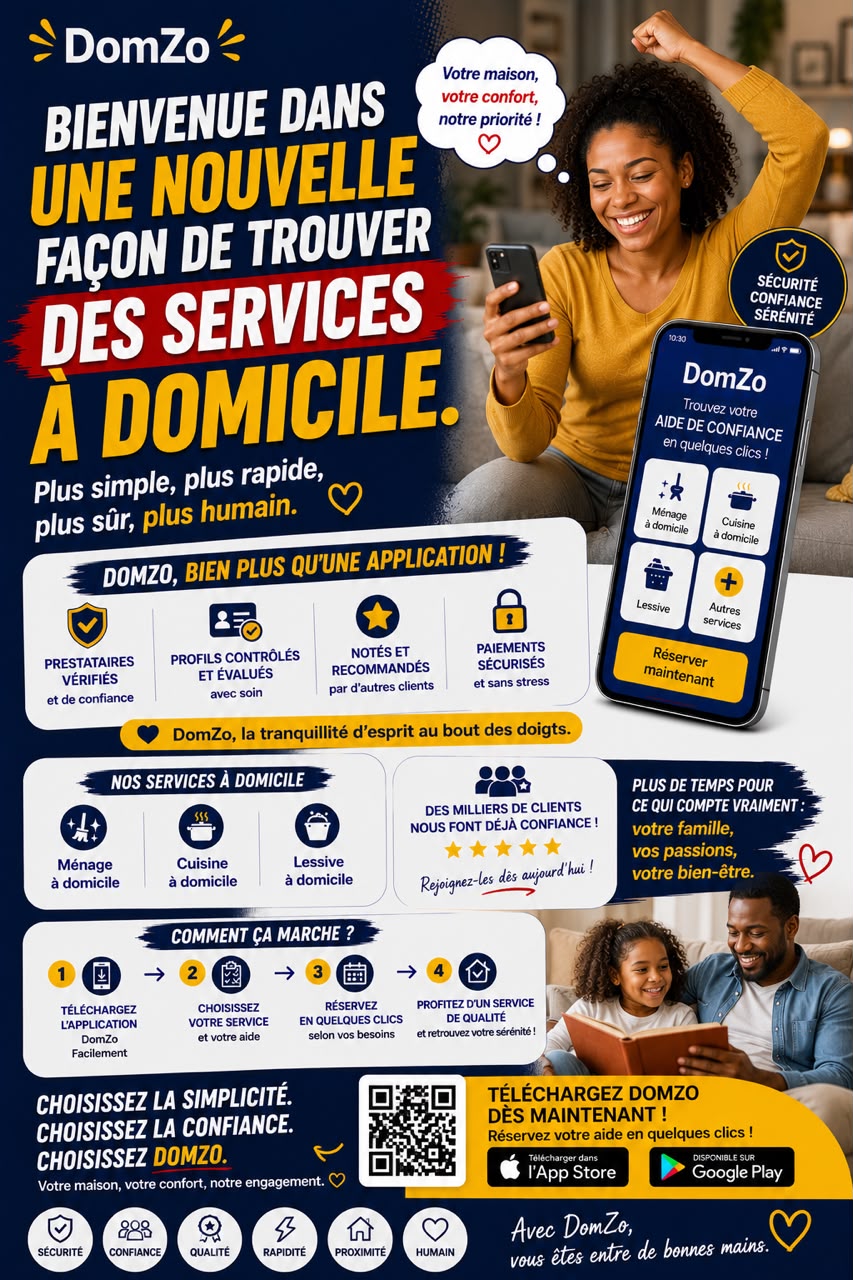 Affiche DomZo : une nouvelle façon de trouver des services à domicile.