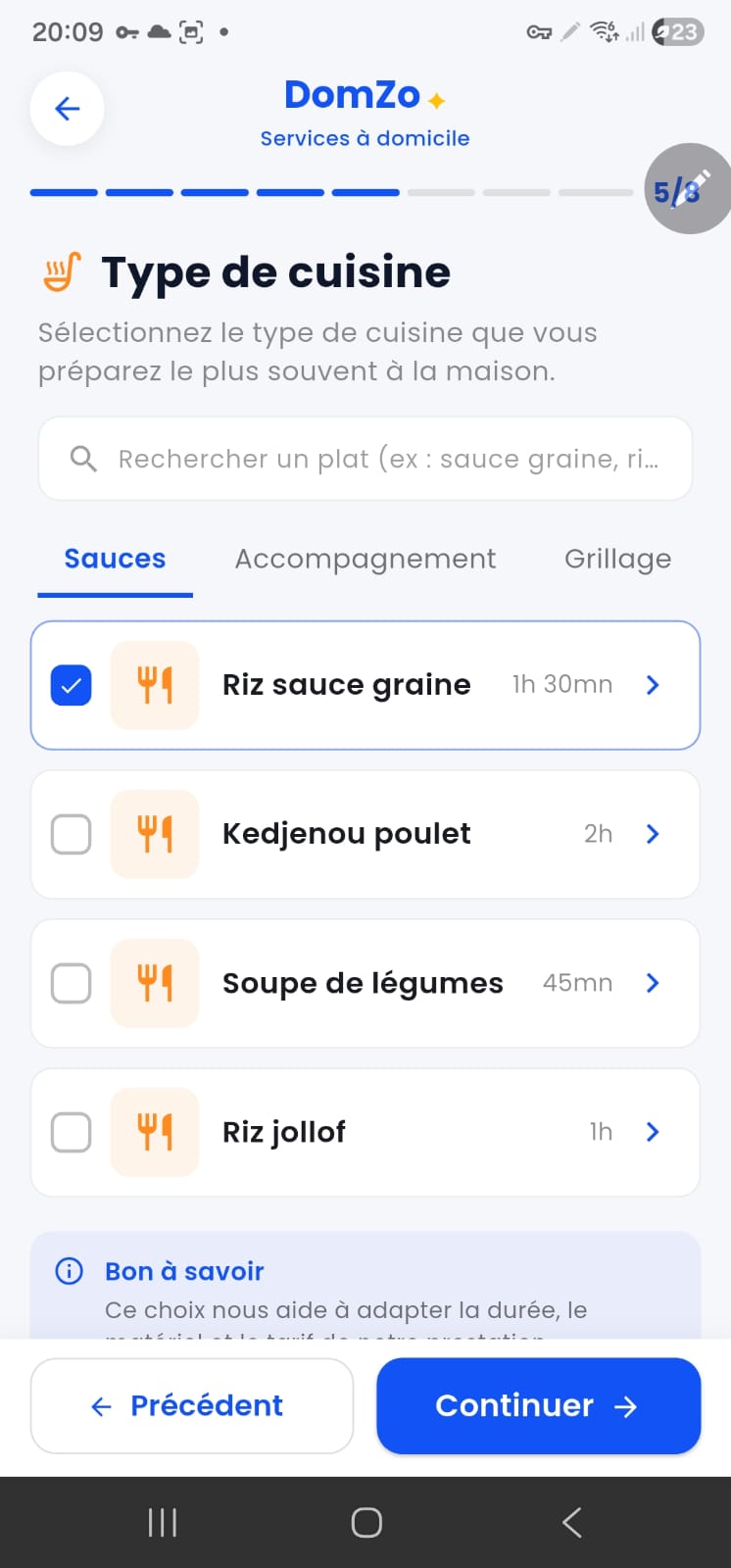 Choix du type de cuisine : riz sauce graine, kedjenou poulet, soupe de légumes, riz jollof.