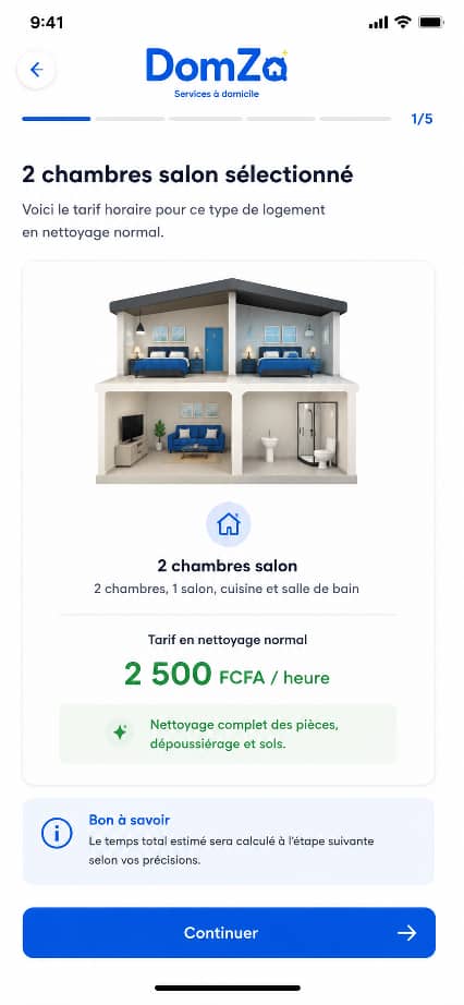 Tarif horaire affiché pour un logement 2 chambres salon en nettoyage normal.